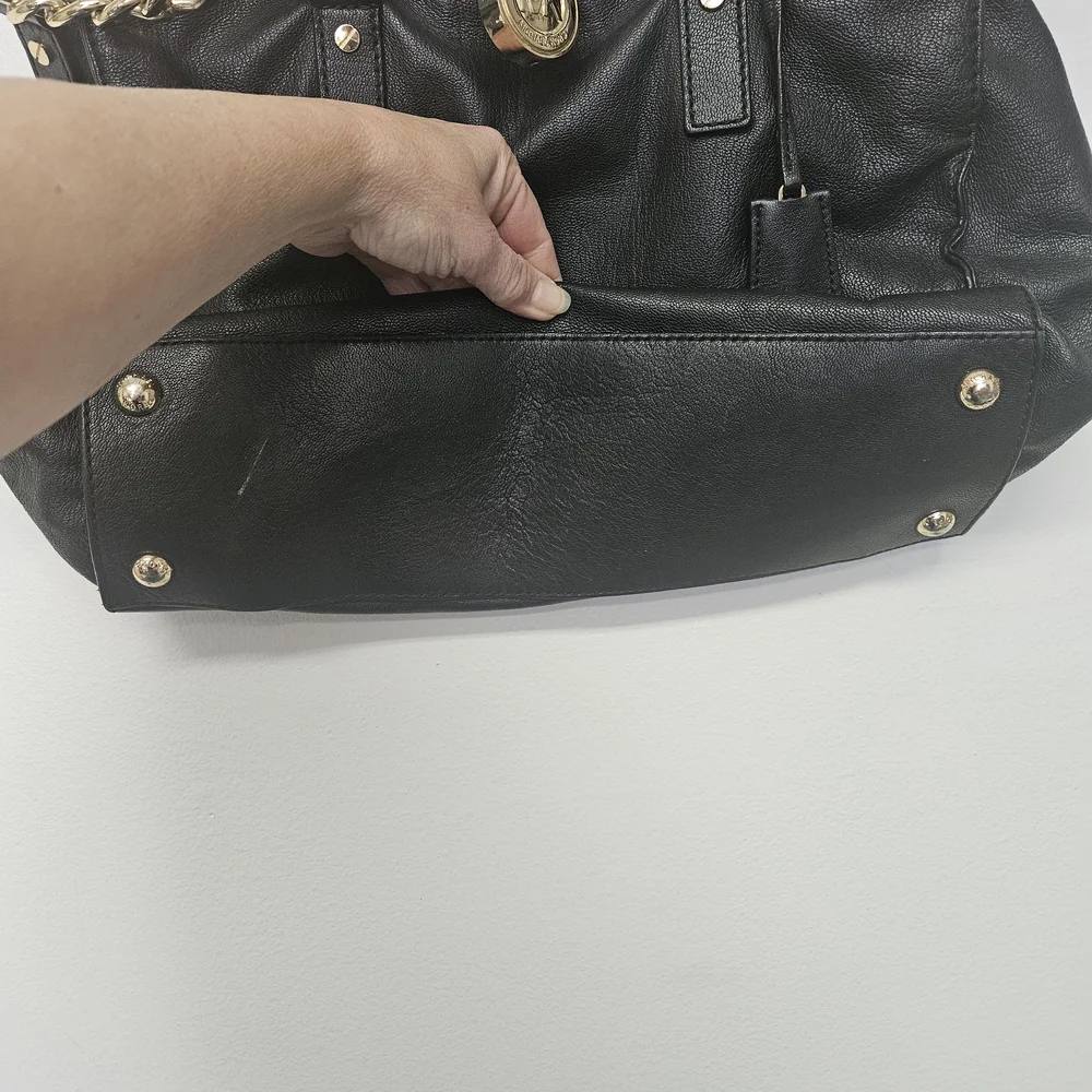 Michael Kors Black Leather Hamilton Large North South Tote with Gold Accents